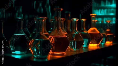 Neon, contrast flasks on the table in laboratory. luminophore. Generative AI	
