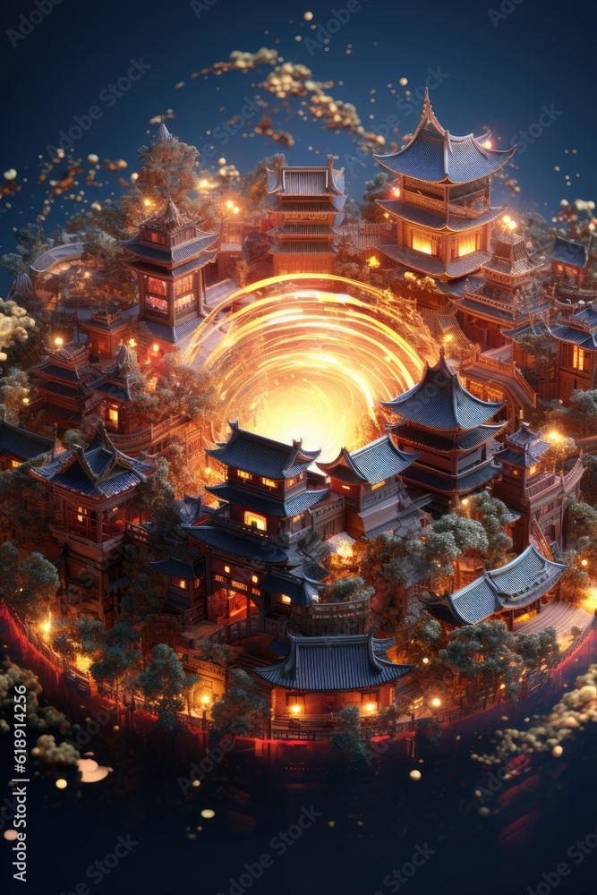 Isometric Elegance A Japanese Temple Background - Captured in Stunning Detail and Vibrant Colors, Delicately Encased Within a Circle of Elaborate Fire Wallpaper Created with Generative AI Technology