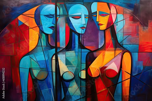 Acrylic Painting Background Unveiling the Duality of Mirrored Figures and Geometric Shapes, Vibrant Contrasts of Dusk Tones and Complementary Colors Wallpaper created with Generative AI Technology