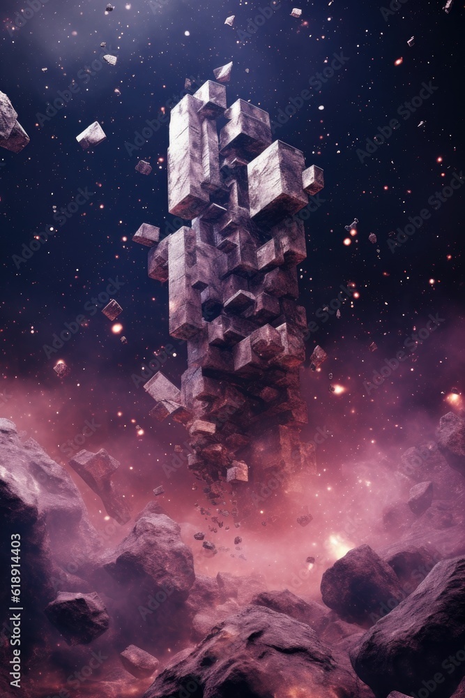 Cosmic Constructs The Contrasting Serenity and Turmoil of a Galactic Nebula Background - Massive Stone Block Structures in Minimal Chaotic Harmony Wallpaper Created with Generative AI Technology