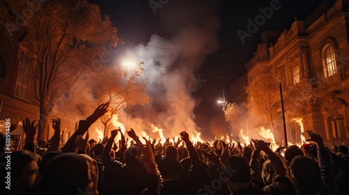 people protesting angry in the street with fire