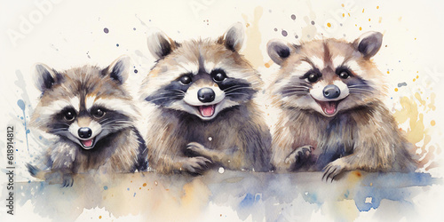 Happy group of raccoons in watercolor illustration style