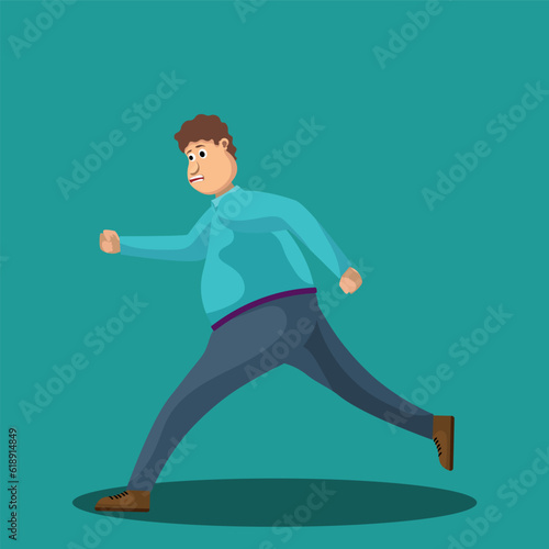 Adult man with big tummy running or jogging. Workout excercise. Man doing sprint outdoor - Simple flat vector illustration.
