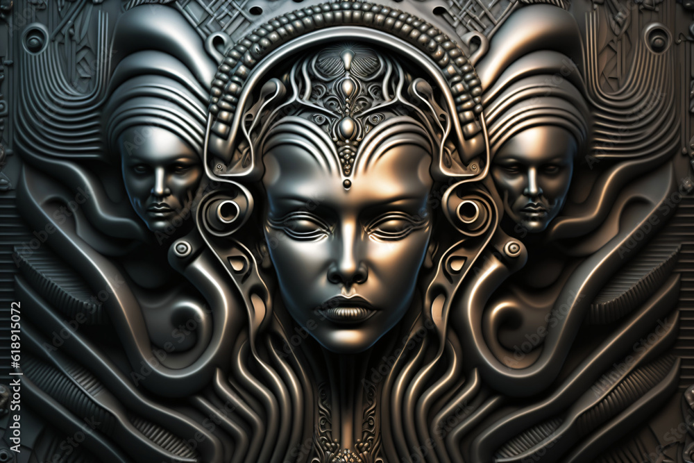 metallic fantasy portrait, mayan relief ornament, symmetrical alien ...