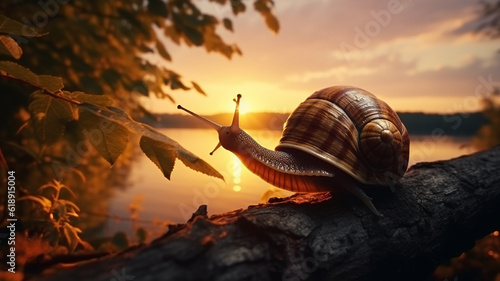 A snail with a house on a tree branch