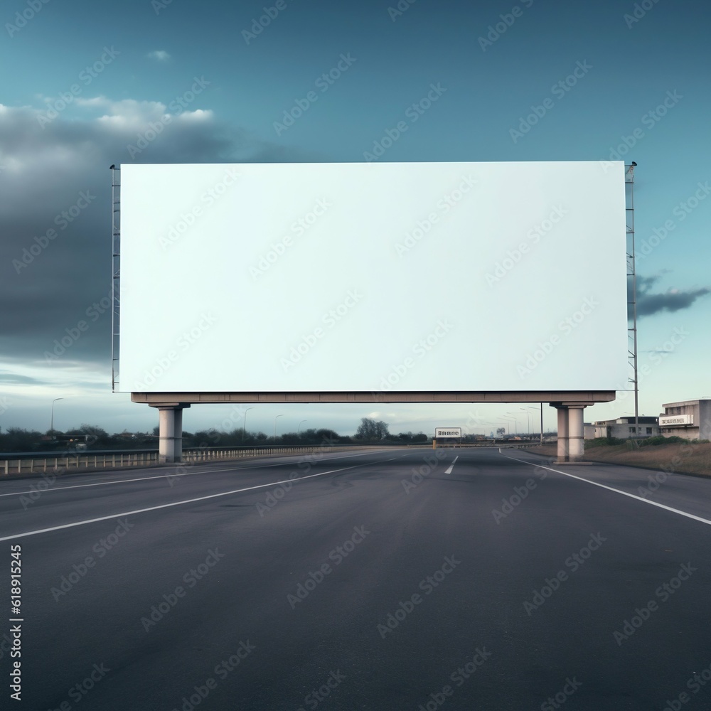 Blank White Billboard in the Middle of the Highway. Generative ai Blank White Billboard in the Middle of the Highway. Generative ai