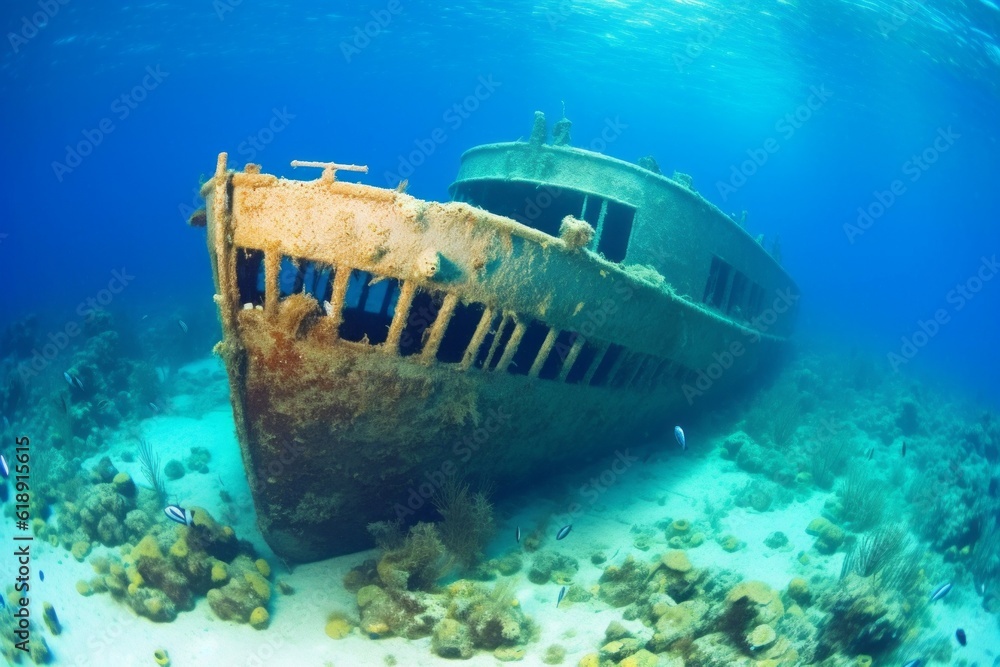 A ship at the bottom of the sea or ocean. Background with selective focus. AI generated, human enhanced A ship at the bottom of the sea or ocean. Background with selective focus. AI generated, human enhanced