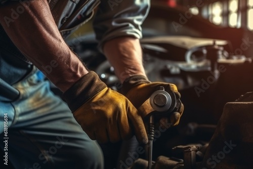Hands of a master in a car service for car repairs. Background with selective focus and copy space. AI generated © top images