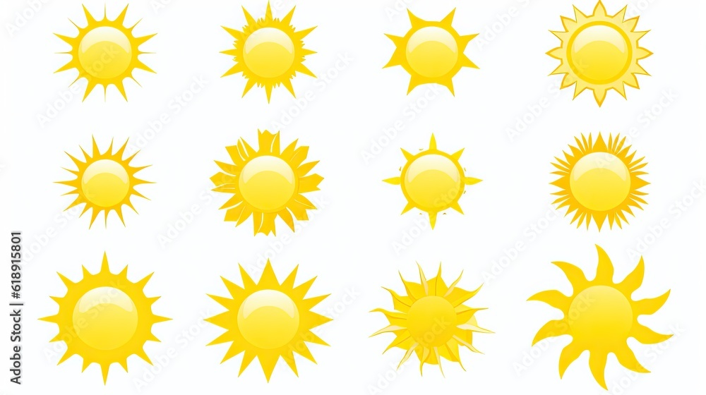 Sun icon set. Yellow sun star icons collection. Summer Sun icon set. Yellow sun star icons collection. Summer