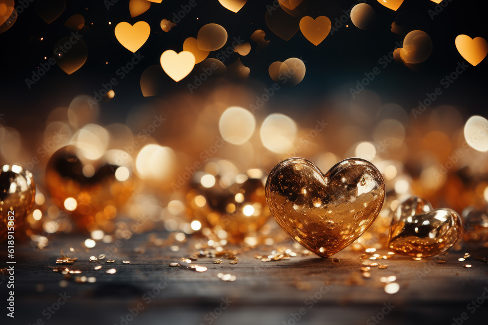Valentine day gold hearts background. Generative AI Valentine day gold hearts background. Generative AI