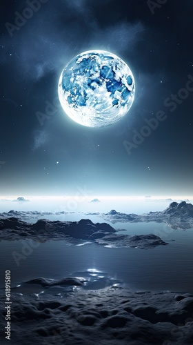 Surreal seascape with beautiful nebula silver full moon