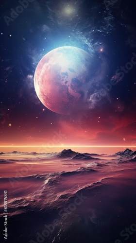 Surreal seascape with beautiful nebula silver full moon