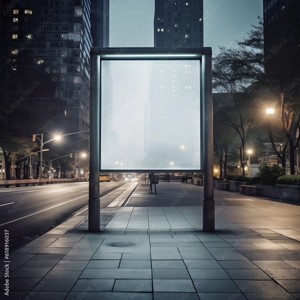 Blank Billboard at the Bus Stop in the Middle of New York Street. Generative ai