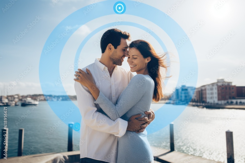 Couple hugging in front of a cloud with blue blue circles above, Illustration AI Generative.