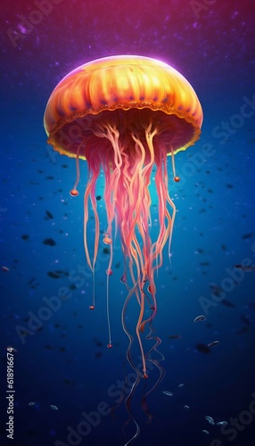 Colorful Illuminated Opal Jellyfish in a Underwater of Futuristic Planet. Generative ai