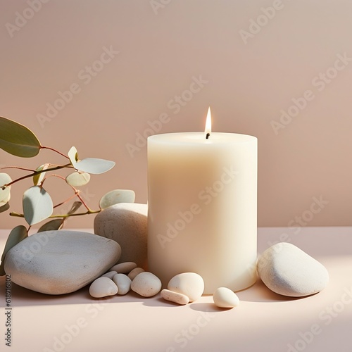 White Candle on a Clean Light Beige Minimal Background with Stones. Generative ai