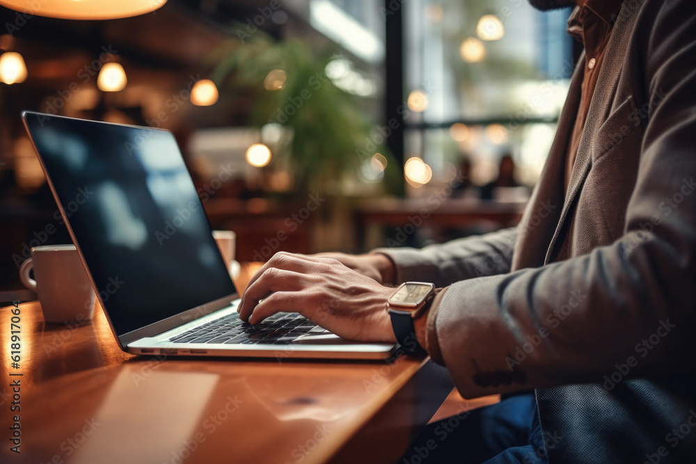 Hands typing on keyboard. Business man working in cafe, using laptop. Freelancer works remotely. Created with Generative AI Hands typing on keyboard. Business man working in cafe, using laptop. Freelancer works remotely. Created with Generative AI