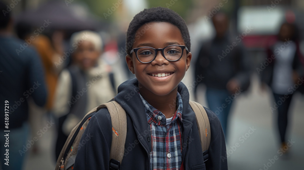 Fototapeta premium Smiling african american school boy with backpack looking at camera. Happy boy portrait at city street. Created with Generative ai