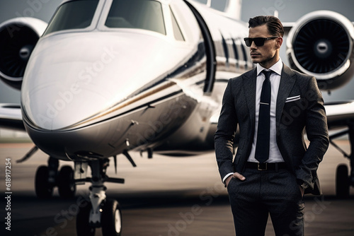 Confident businessman in suit stands next to luxury private jet. Concept of wealth and success. Created with Generative AI