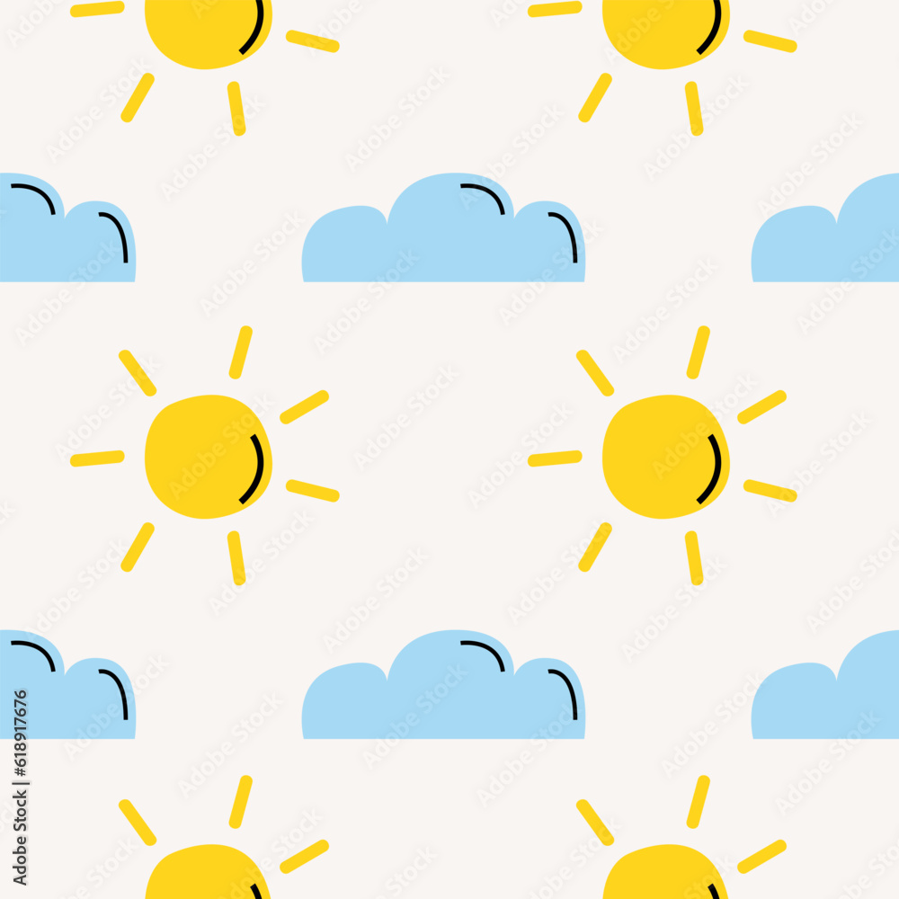 Cutout summer minimal pattern with sun and cloud. Flat papercraft colorful background. Children graphic Cutout summer minimal pattern with sun and cloud. Flat papercraft colorful background. Children graphic