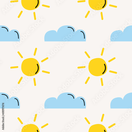 Cutout summer minimal pattern with sun and cloud. Flat papercraft colorful background. Children graphic