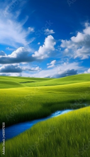 Green Grass Hills and Clear Blue Sky Background. Generative ai