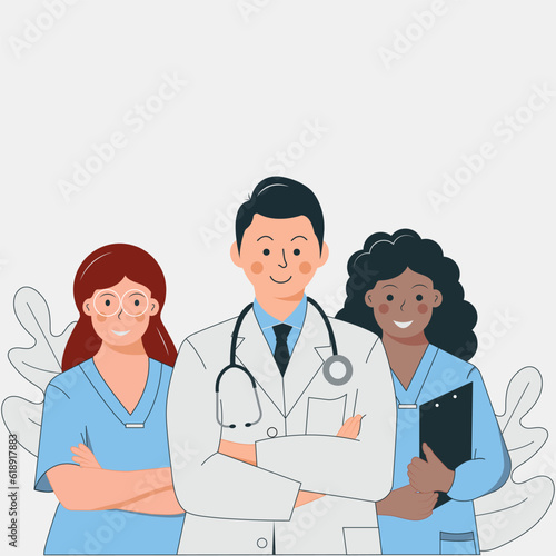 A group of doctors are standing. Medical landing page. Clinical consultations with different doctors. Health care vector concept. Doctor, clinic consultation page, medicine hospital illustration