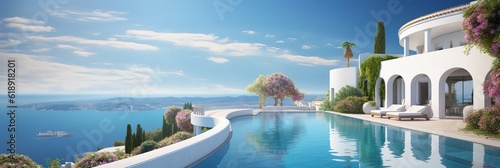 summer banner Santorini style luxury villa mediterranean white house, swimming pool, Luxury modern estate property on hill with stunning sea view, Summer vacation, tourism, generative ai. © Jim1786