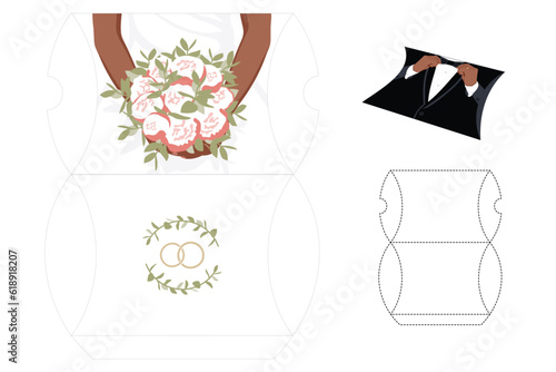 Gift Box Black Bride wedding die-cut template. White dress and bouquet of flowers in hands. Vector blueprint