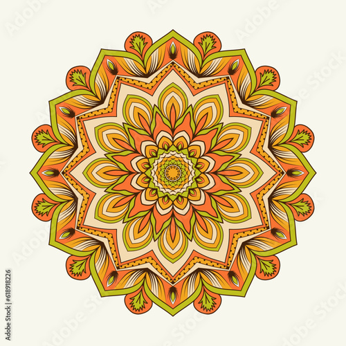 A colorful floral mandala pattern design with a flower in the middle.