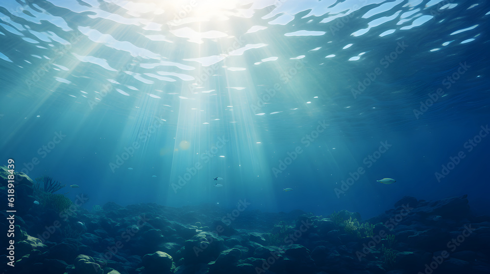 Underwater world in the sun. Underwater sea in blue sunlight. .