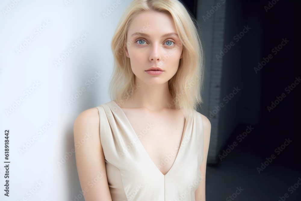 Fototapeta premium Portrait of a Fictional Pale Blonde Elegant Model wearing a White Dress. Generative AI illustration.