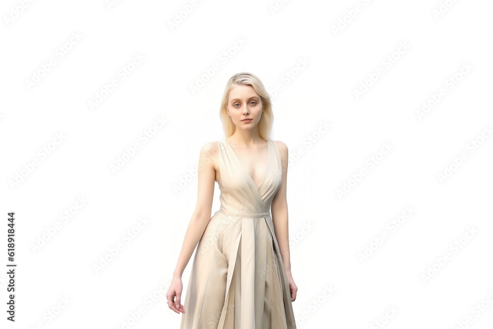 Naklejka premium Portrait of a Fictional Pale Blonde Elegant Model wearing a White Sundress. Isolated on a white background. Generative AI illustration.