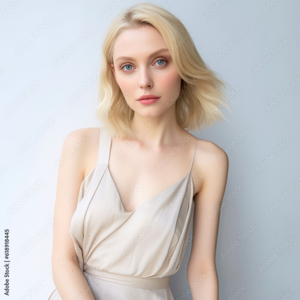 Portrait of a Fictional Pale Blonde Elegant Model wearing a White Dress. Generative AI illustration. Portrait of a Fictional Pale Blonde Elegant Model wearing a White Dress. Generative AI illustration.