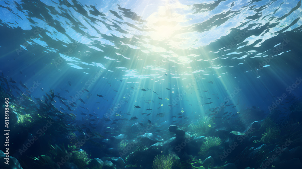 Obraz premium Underwater world in the sun. Underwater sea in blue sunlight. .