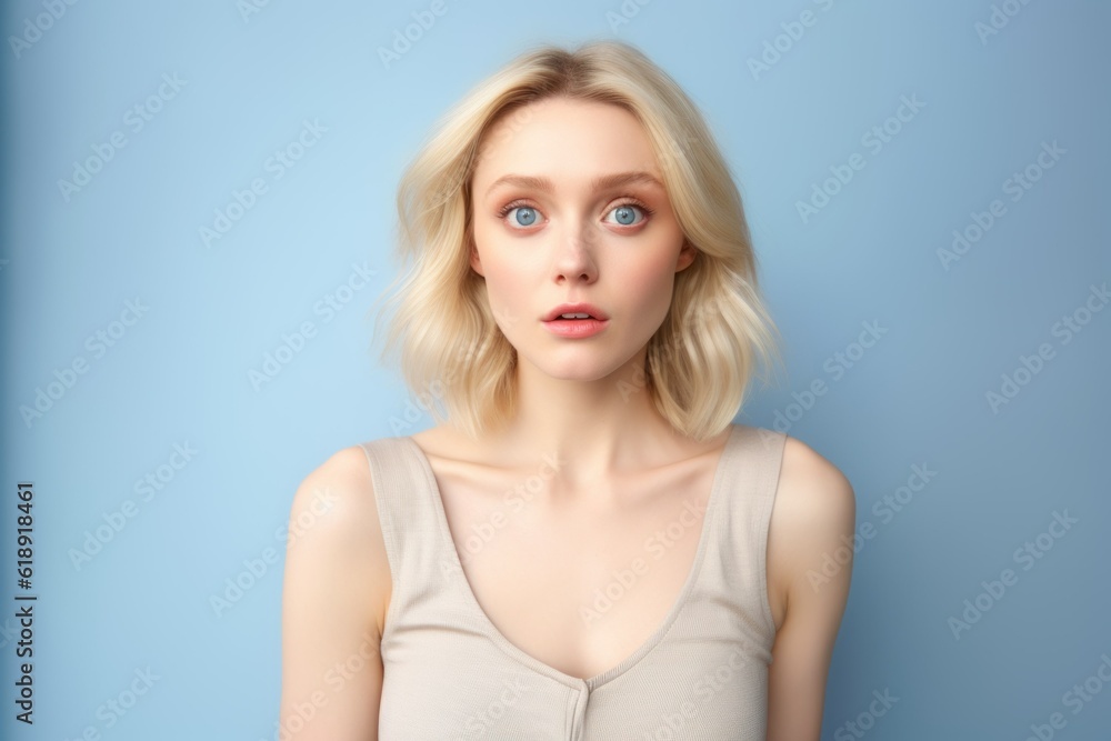 Portrait of a Fictional Pale Blonde Elegant Model Showcasting a Surprised Facial Expression. Generative AI illustration. Portrait of a Fictional Pale Blonde Elegant Model Showcasting a Surprised Facial Expression. Generative AI illustration.