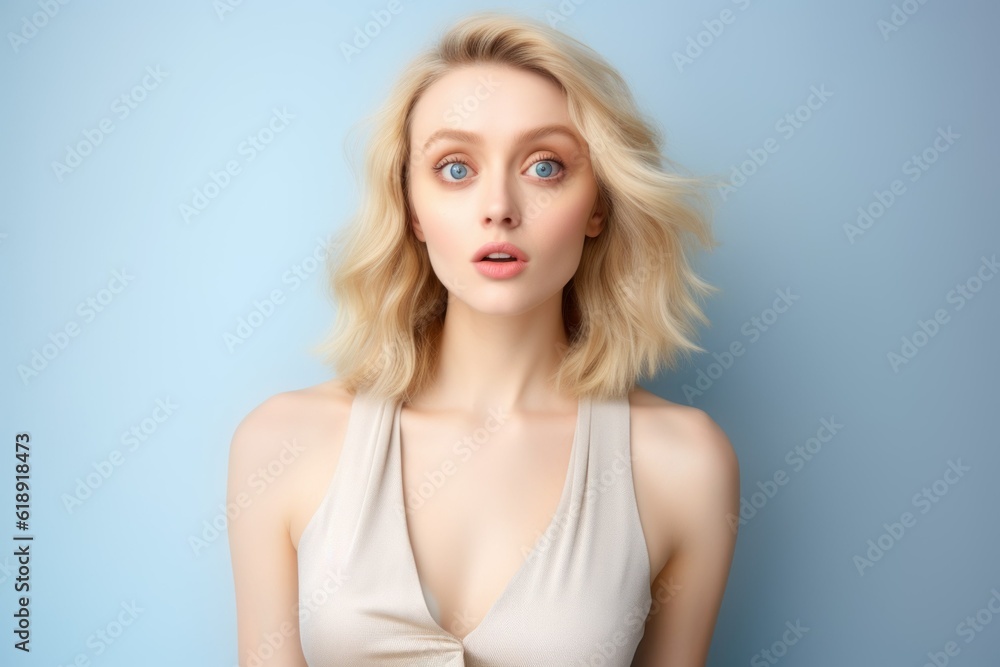 Portrait of a Fictional Pale Blonde Elegant Model Showcasting a Surprised Facial Expression. Generative AI illustration. Portrait of a Fictional Pale Blonde Elegant Model Showcasting a Surprised Facial Expression. Generative AI illustration.