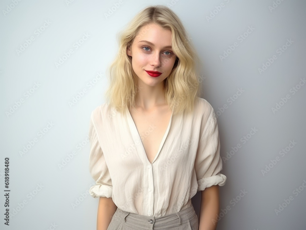 Portrait of a Fictional Pale Blonde Elegant Model Smiling. Generative AI illustration. Portrait of a Fictional Pale Blonde Elegant Model Smiling. Generative AI illustration.