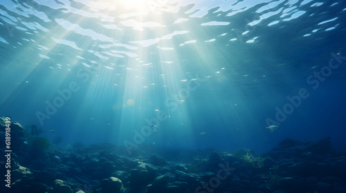 Underwater world in the sun. Underwater sea in blue sunlight. . © Tanuha
