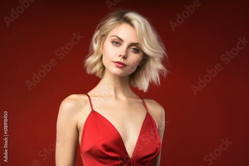 Portrait of a Fictional Pale Blonde Elegant Model Wearing a Red Silk Dress. Isolated on a red background. Generative AI illustration.