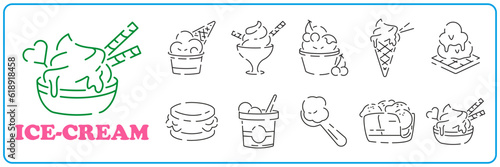 ice cream line icon set. Vector summer theme snack and fast food sweet dessert