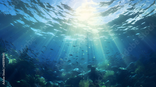 Underwater world in the sun. Underwater sea in blue sunlight. . © Tanuha