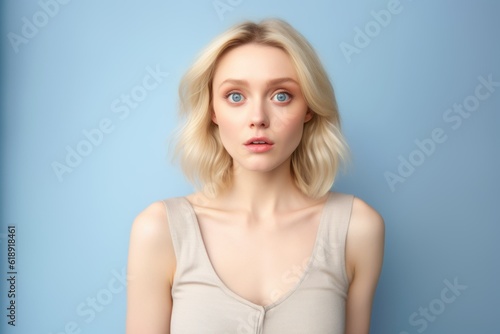 Portrait of a Fictional Pale Blonde Elegant Model Showcasting a Surprised Facial Expression. Generative AI illustration.