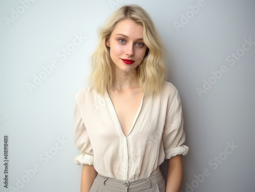 Portrait of a Fictional Pale Blonde Elegant Model Smiling. Generative AI illustration.