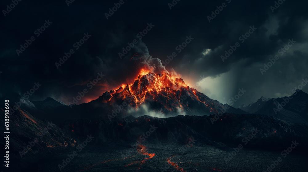 Landscape with a volcano and burning lava - obrazy, fototapety, plakaty 