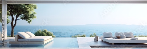  banner summer luxury estate villa with large swimming pool, Luxury modern estate property on hill with stunning sea view, Summer vacation, tourism, copyspace, generative ai © Jim1786