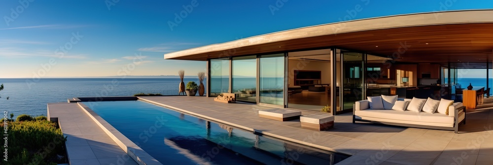 Fototapeta premium banner summer luxury estate villa with large swimming pool, Luxury modern estate property on hill with stunning sea view, Summer vacation, tourism, copyspace, generative ai