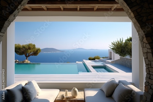 Greece style luxury villa with large swimming pool  Luxury modern estate property on hill with stunning sea view  Summer vacation  tourism  generative ai.