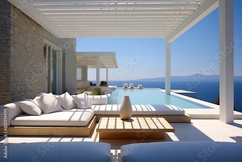 Greece style luxury villa with large swimming pool, Luxury modern estate property on hill with stunning sea view, Summer vacation, tourism, generative ai. © Jim1786