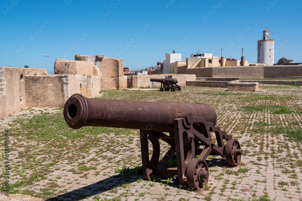 Cannon at the city wall of medieval district of El Jadida in Morocco